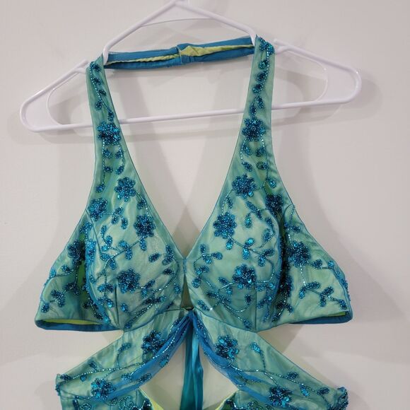 Vintage Y2K Cache Womens Dress Size Large Beaded Iridescent Gown Fairy Floral - Picture 3 of 13